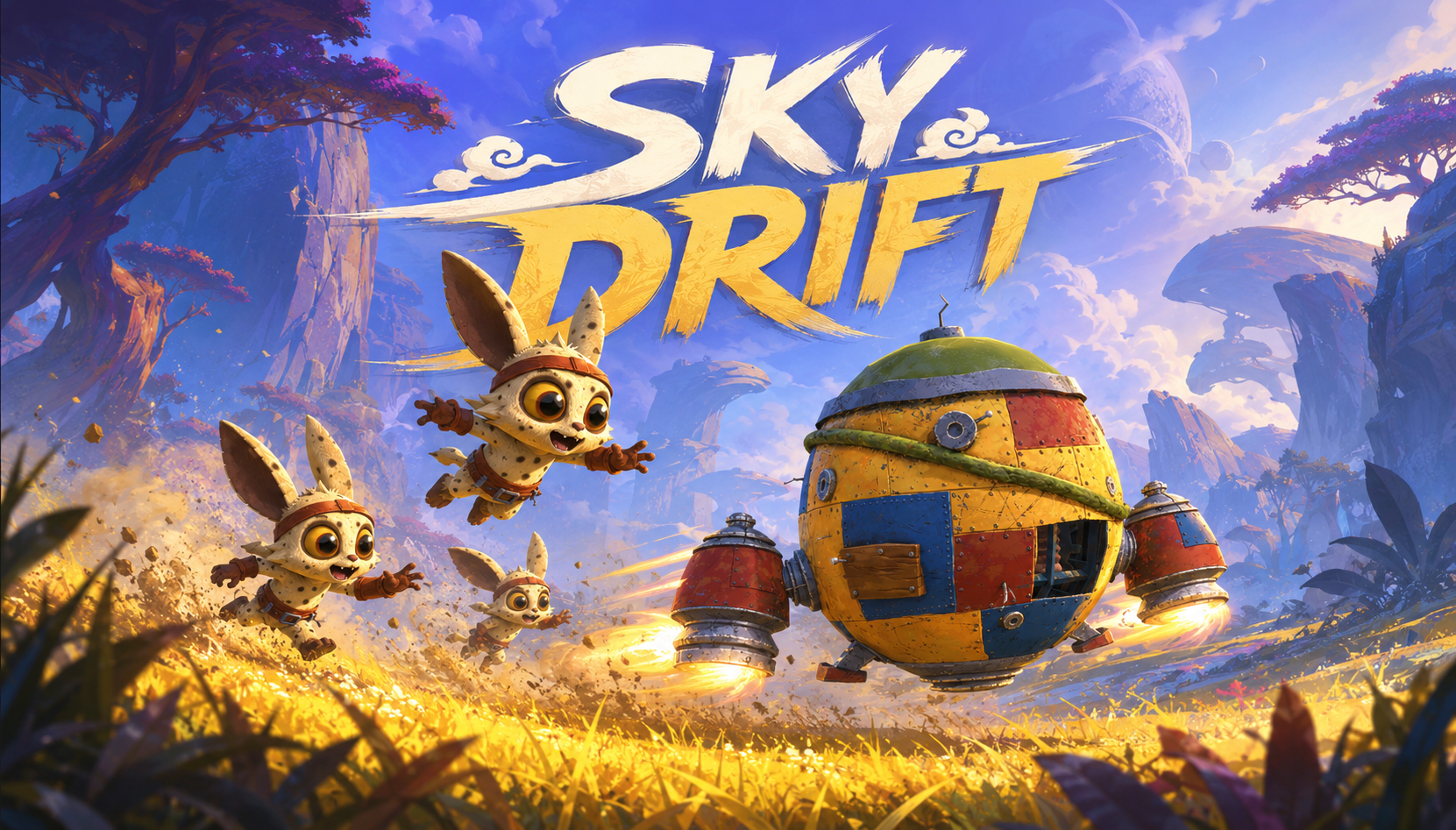 Sky Drift title above Zig, flying characters and their colorful rocket in a fantasy landscape.