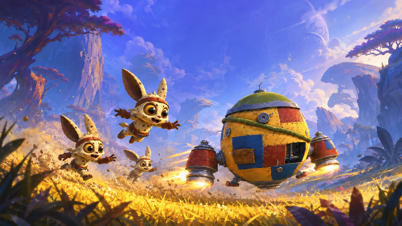 Sky Drift artwork featuring flying characters, a patchwork craft, and towering colorful cliffs.